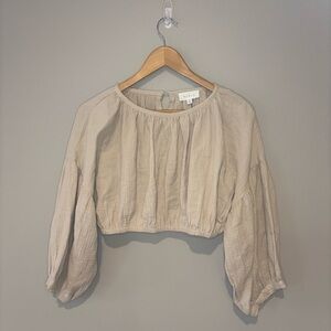 NWOT MABLE Cropped Bloused with Big Billowy Sleeves & Open Back Tan Color Size M